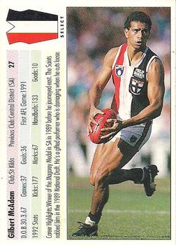 1993 Select AFL #27 Gilbert McAdam Back